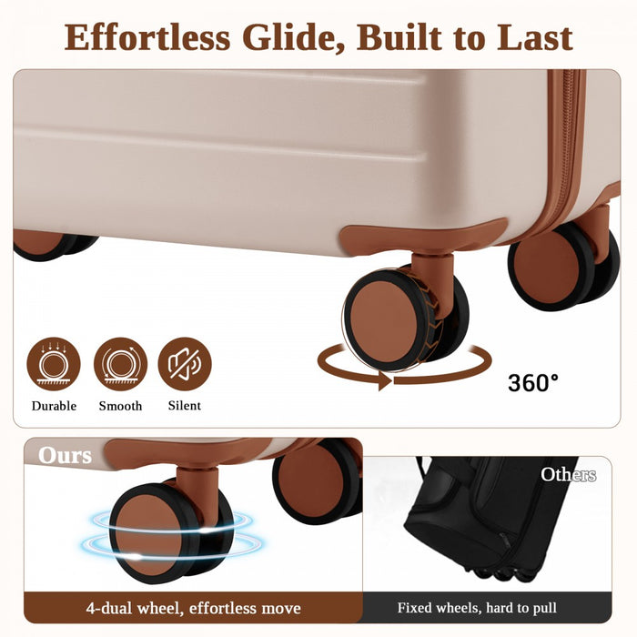 KSK2584 - Kono Scratch-Resistant 3-Piece Hard Shell Luggage Set with Horizontal Stripe Design, Brown Accents & Spinner Wheels - Cream and Brown