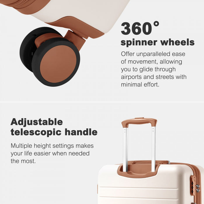 KSK2584 - Kono Scratch-Resistant 28-Inch Large Hard Shell Suitcase with Horizontal Stripe Design, Brown Accents & Spinner Wheels - Cream and Brown