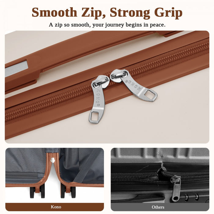 KSK2584 - Kono Scratch-Resistant 3-Piece Hard Shell Luggage Set with Horizontal Stripe Design, Brown Accents & Spinner Wheels - Cream and Brown