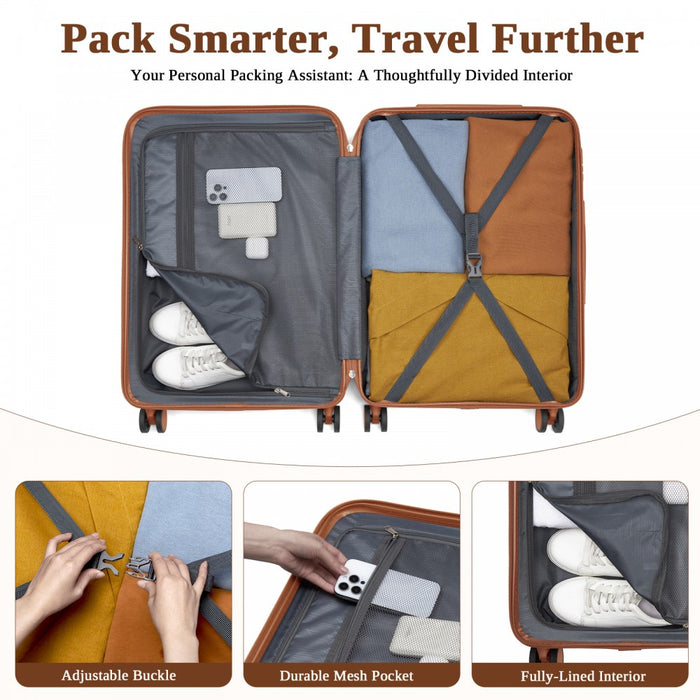 KSK2584 - Kono Scratch-Resistant 28-Inch Large Hard Shell Suitcase with Horizontal Stripe Design, Brown Accents & Spinner Wheels - Cream and Brown