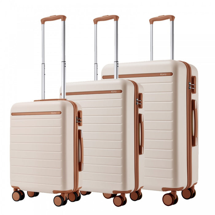 KSK2584 - Kono Scratch-Resistant 3-Piece Hard Shell Luggage Set with Horizontal Stripe Design, Brown Accents & Spinner Wheels - Cream and Brown