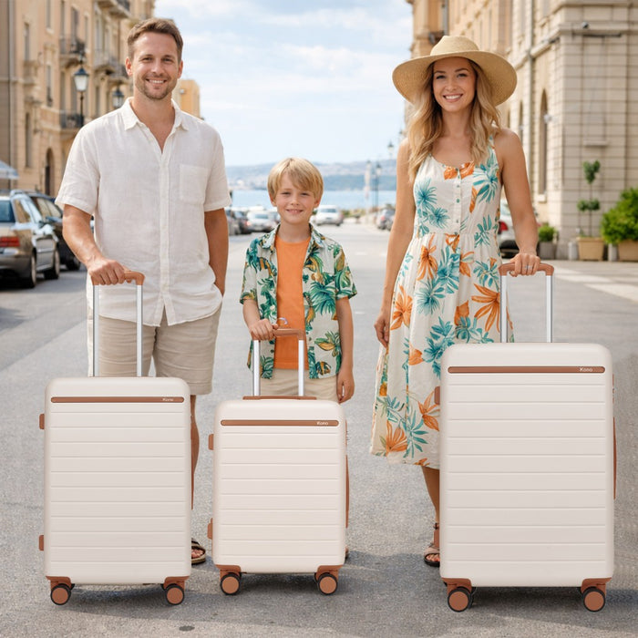 KSK2584 - Kono Scratch-Resistant 3-Piece Hard Shell Luggage Set with Horizontal Stripe Design, Brown Accents & Spinner Wheels - Cream and Brown