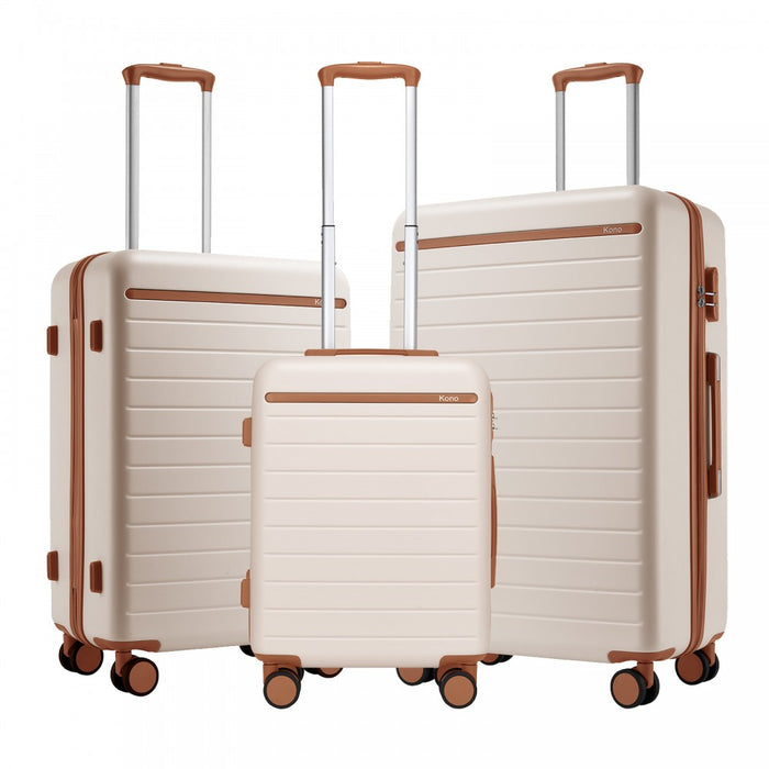 KSK2584 - Kono Scratch-Resistant 3-Piece Hard Shell Luggage Set with Horizontal Stripe Design, Brown Accents & Spinner Wheels - Cream and Brown