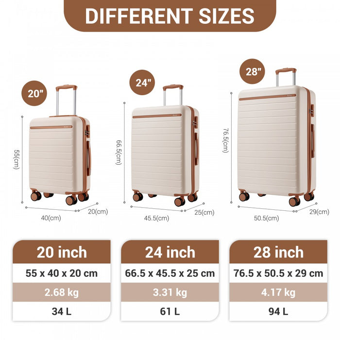 KSK2584 - Kono Scratch-Resistant 3-Piece Hard Shell Luggage Set with Horizontal Stripe Design, Brown Accents & Spinner Wheels - Cream and Brown