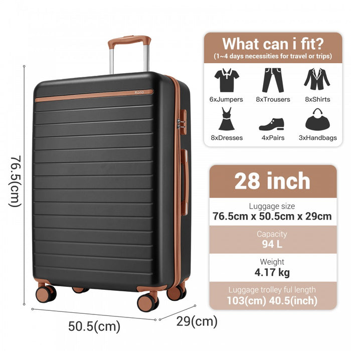 KSK2584 - Kono Scratch-Resistant 28-Inch Large Hard Shell Suitcase with Horizontal Stripe Design, Brown Accents & Spinner Wheels - Grey and Brown