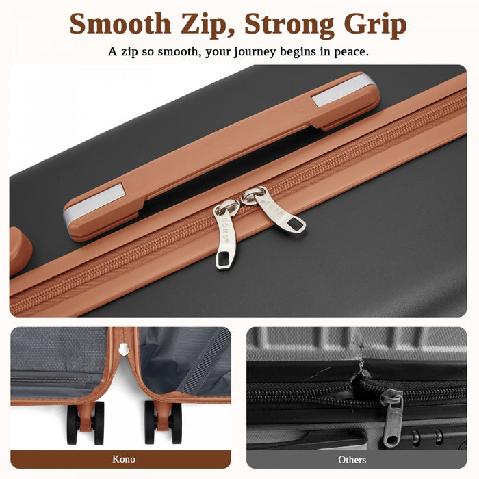 KSK2584 - Kono Scratch-Resistant 28-Inch Large Hard Shell Suitcase with Horizontal Stripe Design, Brown Accents & Spinner Wheels - Grey and Brown