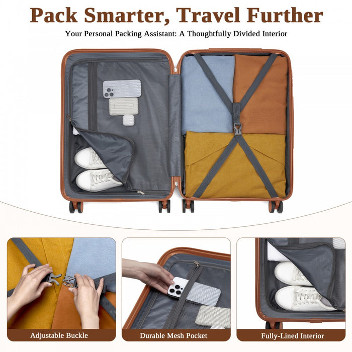 KSK2584 - Kono Scratch-Resistant 28-Inch Large Hard Shell Suitcase with Horizontal Stripe Design, Brown Accents & Spinner Wheels - Grey and Brown