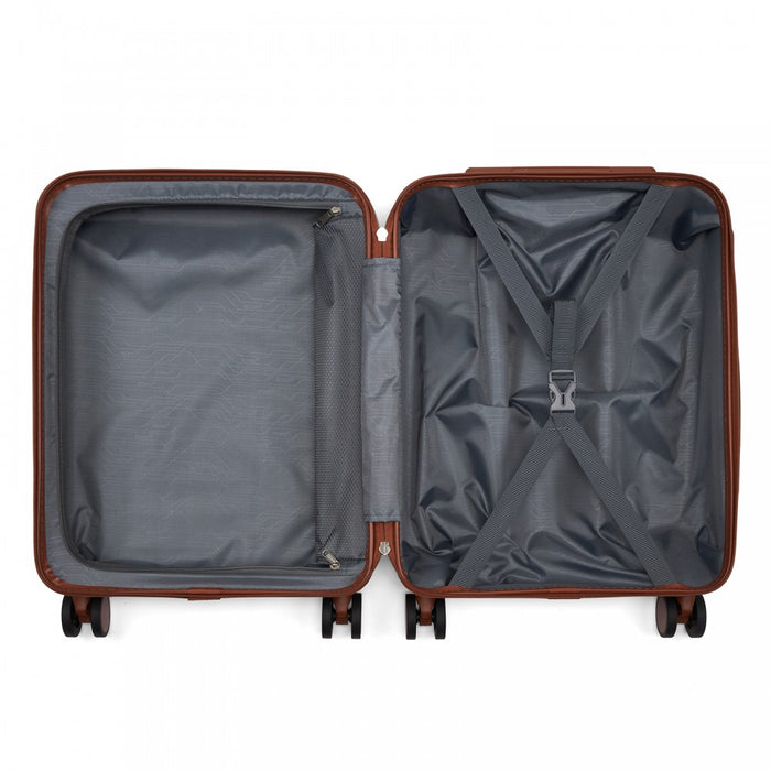 KSK2584 - Kono Scratch-Resistant 20-Inch Hard Shell Cabin Suitcase with Horizontal Stripe Design, Brown Accents & Spinner Wheels - Grey and Brown