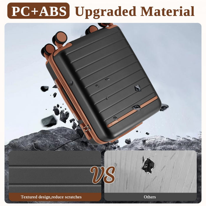 KSK2584 - Kono Scratch-Resistant 20-Inch Hard Shell Cabin Suitcase with Horizontal Stripe Design, Brown Accents & Spinner Wheels - Grey and Brown