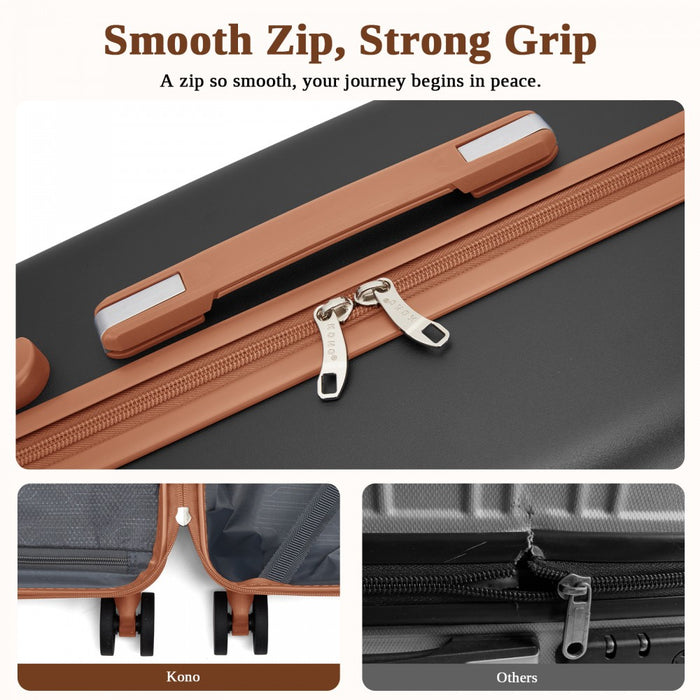 KSK2584 - Kono Scratch-Resistant 20-Inch Hard Shell Cabin Suitcase with Horizontal Stripe Design, Brown Accents & Spinner Wheels - Grey and Brown