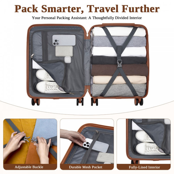 KSK2584 - Kono Scratch-Resistant 20-Inch Hard Shell Cabin Suitcase with Horizontal Stripe Design, Brown Accents & Spinner Wheels - Grey and Brown