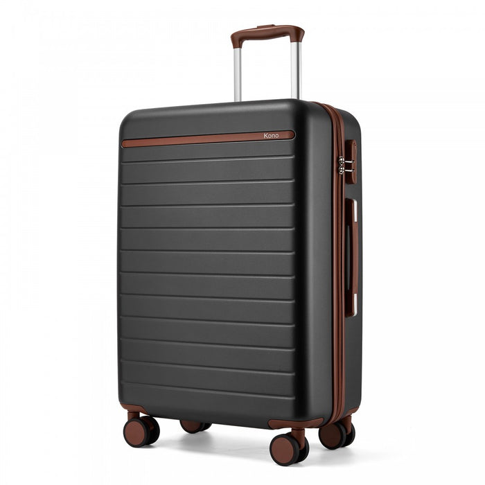 KSK2584 - Kono Scratch-Resistant 24-Inch Hard Shell Medium Check-In Suitcase with Horizontal Stripe Design, Brown Accents & Spinner Wheels - Grey and Brown