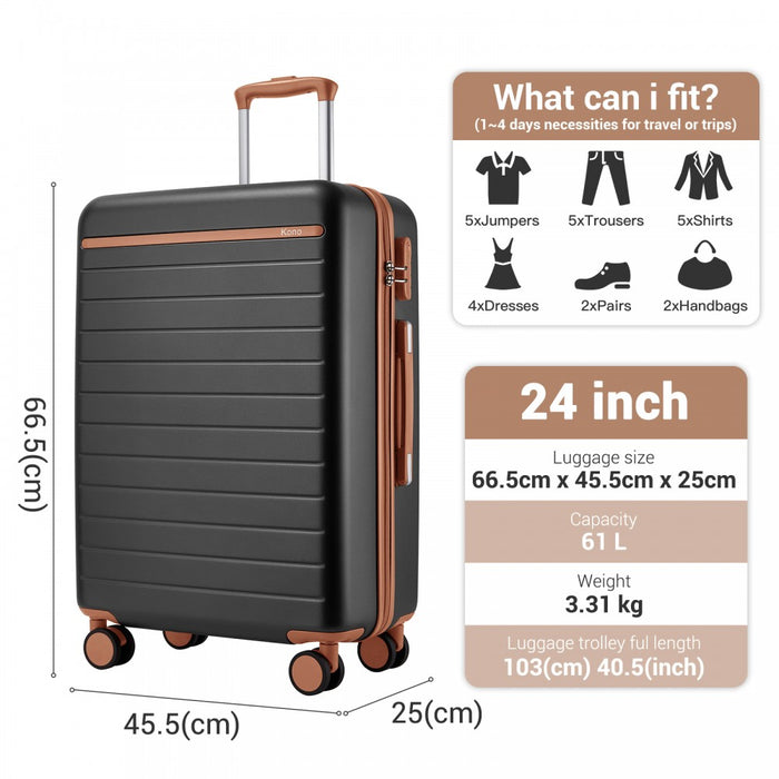 KSK2584 - Kono Scratch-Resistant 24-Inch Hard Shell Medium Check-In Suitcase with Horizontal Stripe Design, Brown Accents & Spinner Wheels - Grey and Brown