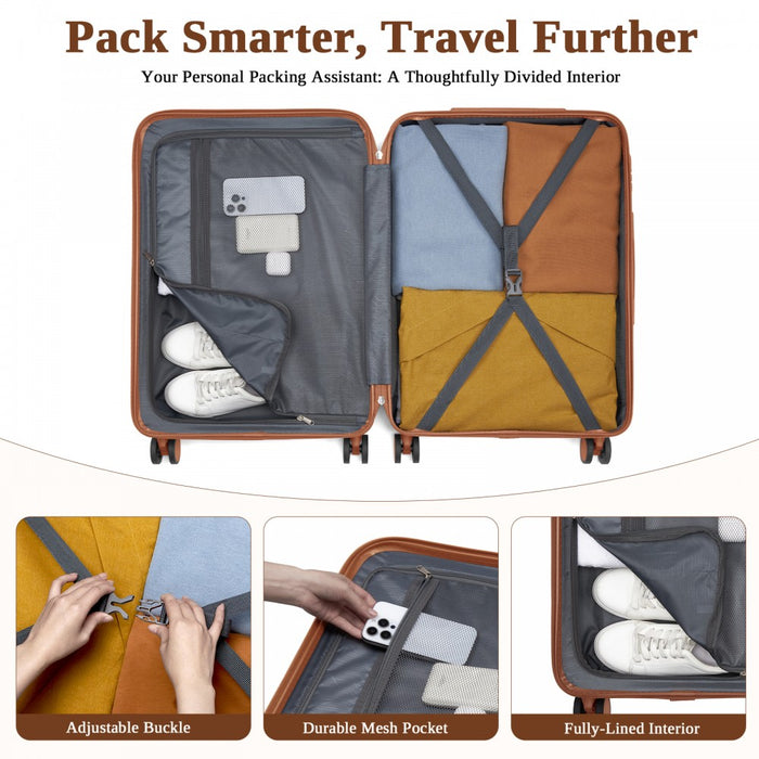 KSK2584 - Kono Scratch-Resistant 24-Inch Hard Shell Medium Check-In Suitcase with Horizontal Stripe Design, Brown Accents & Spinner Wheels - Grey and Brown