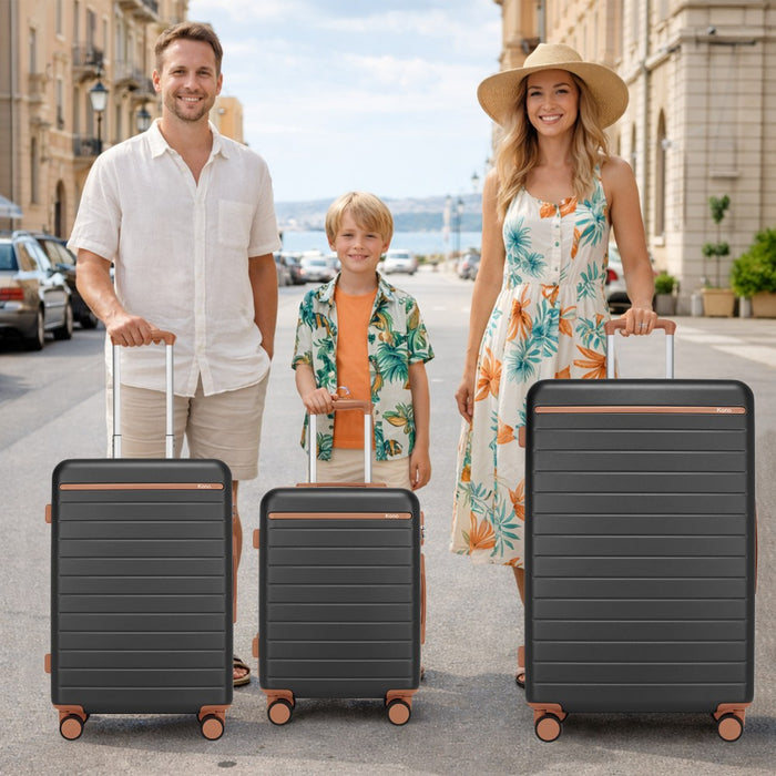 KSK2584 - Kono Scratch-Resistant 3-Piece Hard Shell Luggage Set with Horizontal Stripe Design, Brown Accents & Spinner Wheels - Grey and Brown