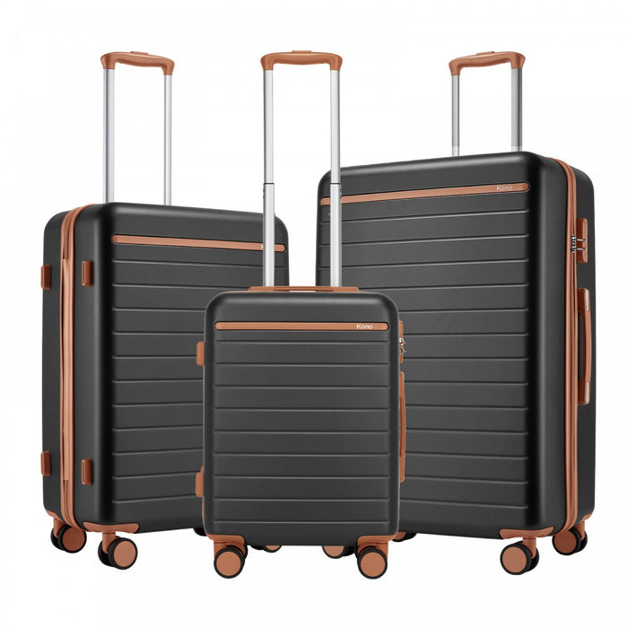 KSK2584 - Kono Scratch-Resistant 3-Piece Hard Shell Luggage Set with Horizontal Stripe Design, Brown Accents & Spinner Wheels - Grey and Brown