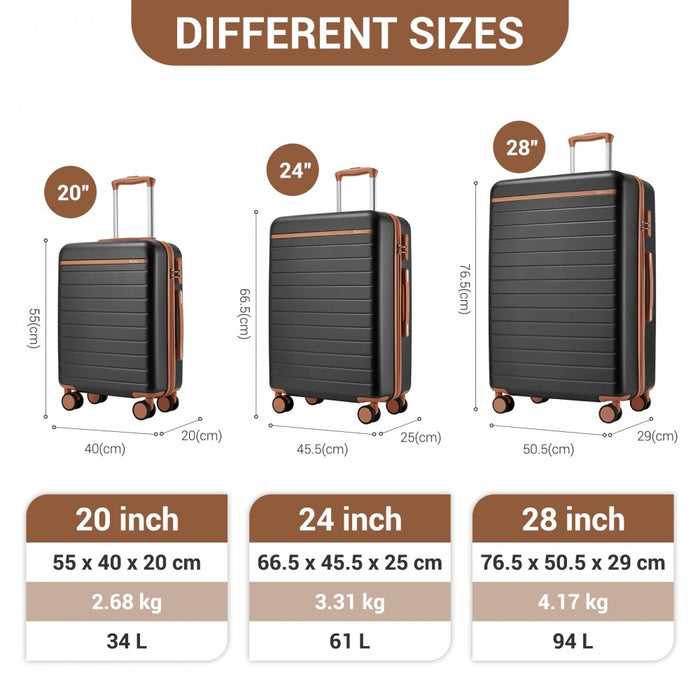 KSK2584 - Kono Scratch-Resistant 3-Piece Hard Shell Luggage Set with Horizontal Stripe Design, Brown Accents & Spinner Wheels - Grey and Brown