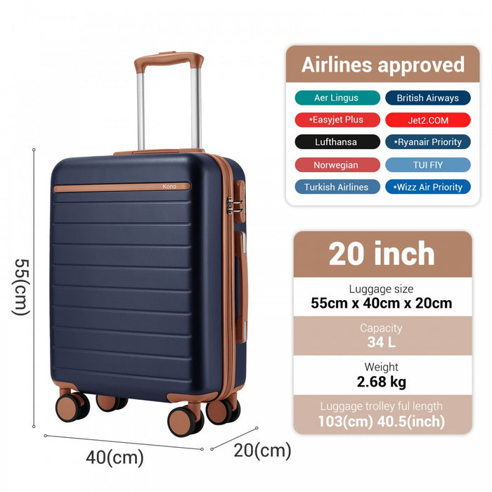 KSK2584 - Kono Scratch-Resistant 20-Inch Hard Shell Cabin Suitcase with Horizontal Stripe Design, Brown Accents & Spinner Wheels - Navy and Brown