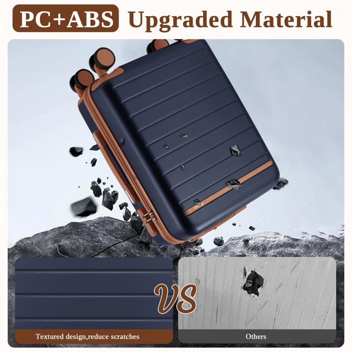 KSK2584 - Kono Scratch-Resistant 20-Inch Hard Shell Cabin Suitcase with Horizontal Stripe Design, Brown Accents & Spinner Wheels - Navy and Brown