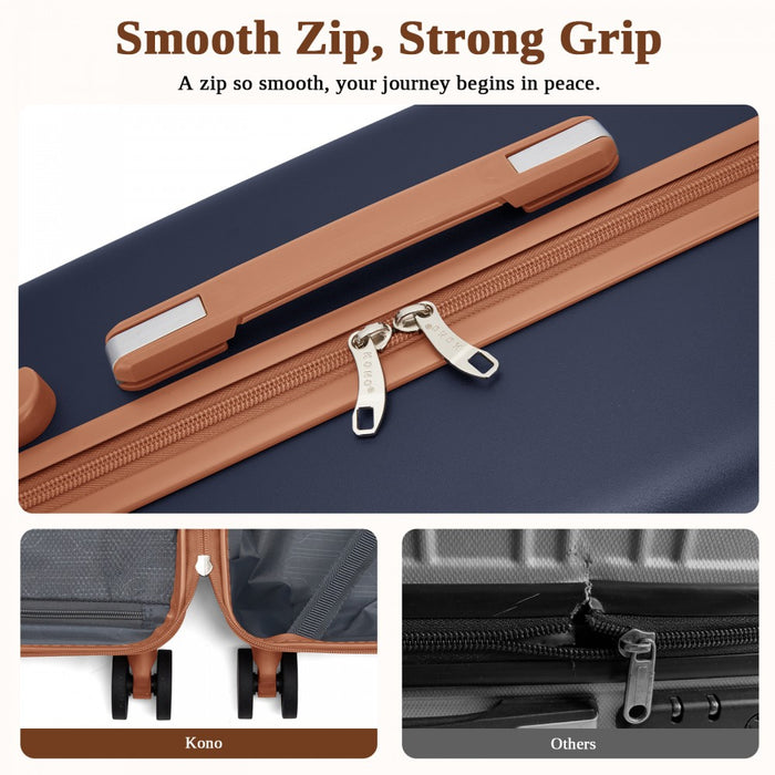 KSK2584 - Kono Scratch-Resistant 20-Inch Hard Shell Cabin Suitcase with Horizontal Stripe Design, Brown Accents & Spinner Wheels - Navy and Brown