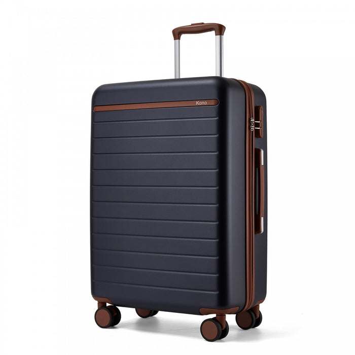 KSK2584 - Kono Scratch-Resistant 24-Inch Hard Shell Medium Check-In Suitcase with Horizontal Stripe Design, Brown Accents & Spinner Wheels - Navy and Brown