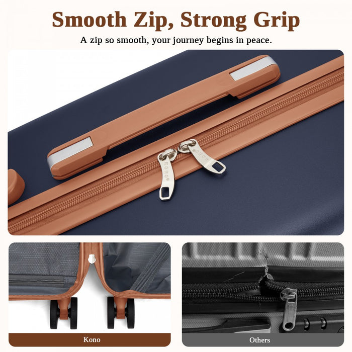 KSK2584 - Kono Scratch-Resistant 24-Inch Hard Shell Medium Check-In Suitcase with Horizontal Stripe Design, Brown Accents & Spinner Wheels - Navy and Brown