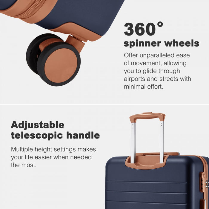 KSK2584 - Kono Scratch-Resistant 24-Inch Hard Shell Medium Check-In Suitcase with Horizontal Stripe Design, Brown Accents & Spinner Wheels - Navy and Brown