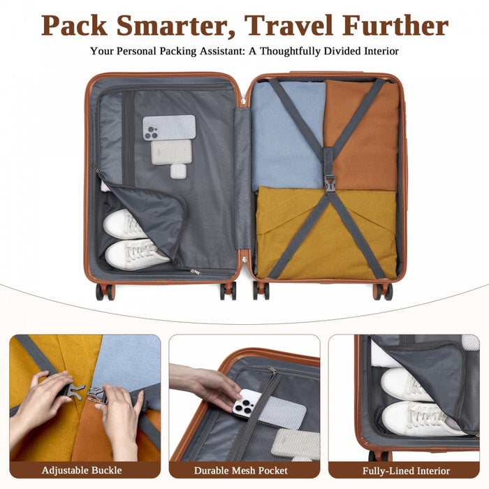 KSK2584 - Kono Scratch-Resistant 3-Piece Hard Shell Luggage Set with Horizontal Stripe Design, Brown Accents & Spinner Wheels - Navy and Brown