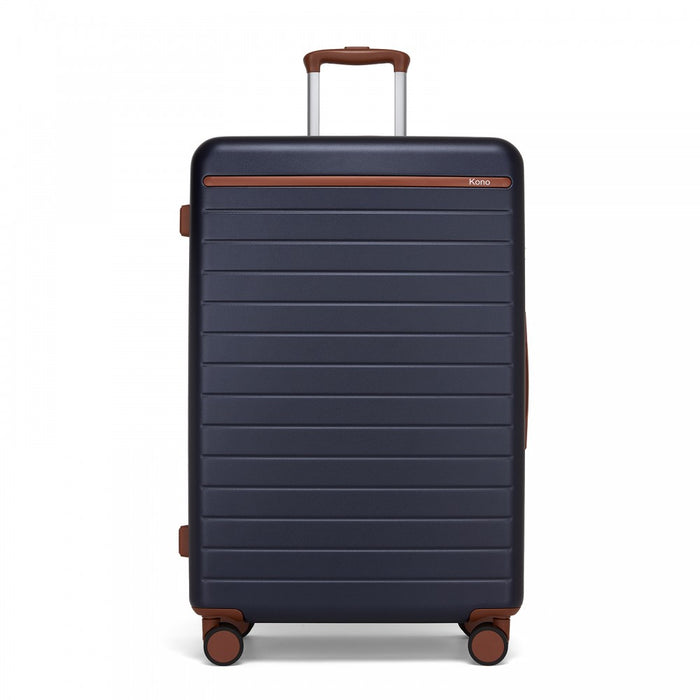 KSK2584 - Kono Scratch-Resistant 28-Inch Large Hard Shell Suitcase with Horizontal Stripe Design, Brown Accents & Spinner Wheels - Navy and Brown