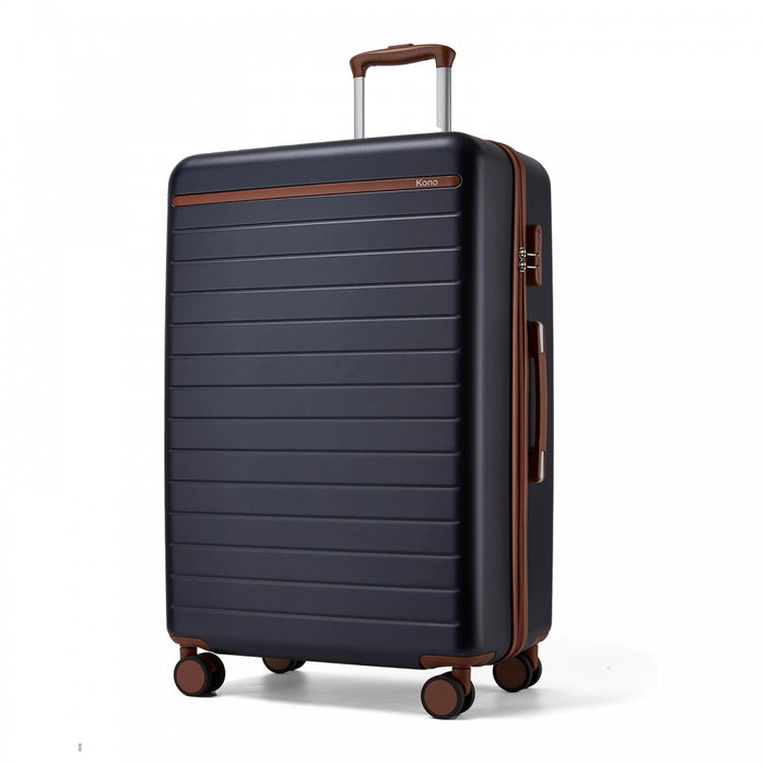 KSK2584 - Kono Scratch-Resistant 28-Inch Large Hard Shell Suitcase with Horizontal Stripe Design, Brown Accents & Spinner Wheels - Navy and Brown