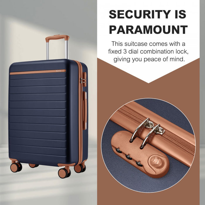 KSK2584 - Kono Scratch-Resistant 3-Piece Hard Shell Luggage Set with Horizontal Stripe Design, Brown Accents & Spinner Wheels - Navy and Brown