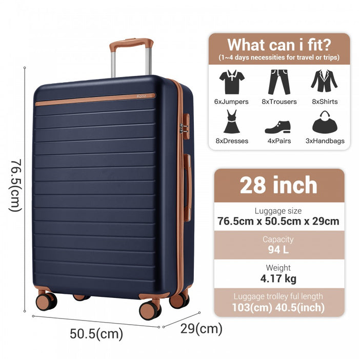 KSK2584 - Kono Scratch-Resistant 28-Inch Large Hard Shell Suitcase with Horizontal Stripe Design, Brown Accents & Spinner Wheels - Navy and Brown