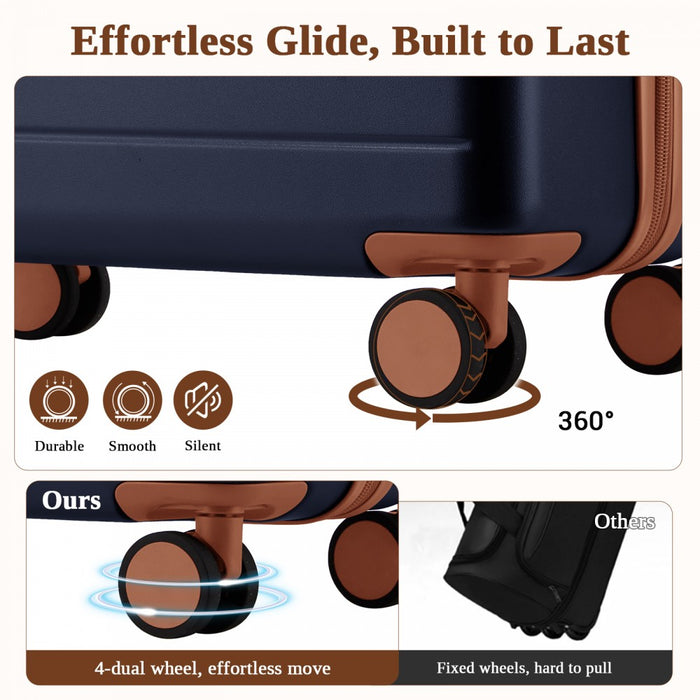 KSK2584 - Kono Scratch-Resistant 28-Inch Large Hard Shell Suitcase with Horizontal Stripe Design, Brown Accents & Spinner Wheels - Navy and Brown