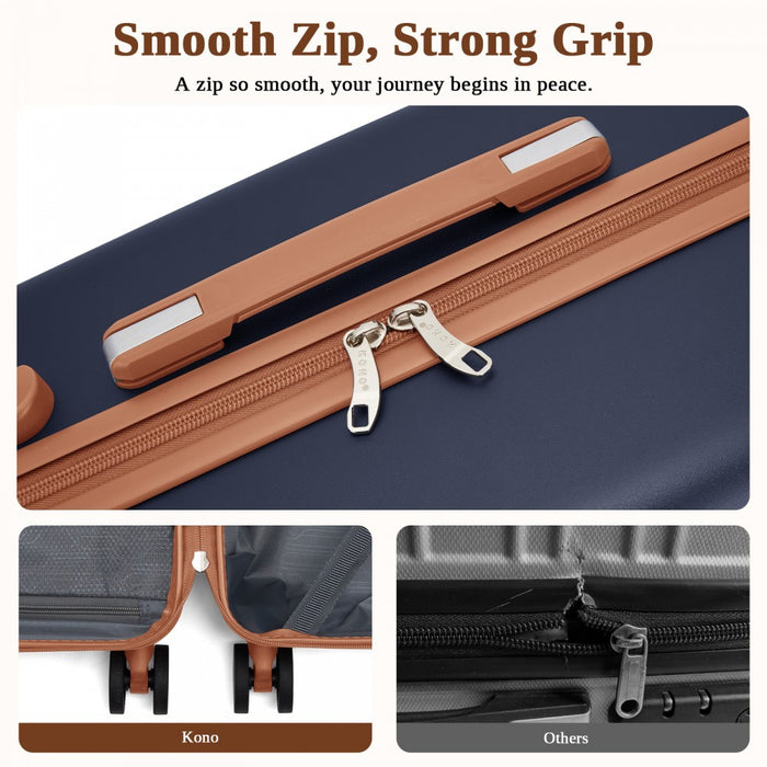 KSK2584 - Kono Scratch-Resistant 3-Piece Hard Shell Luggage Set with Horizontal Stripe Design, Brown Accents & Spinner Wheels - Navy and Brown