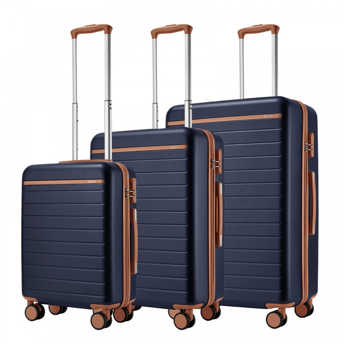 KSK2584 - Kono Scratch-Resistant 3-Piece Hard Shell Luggage Set with Horizontal Stripe Design, Brown Accents & Spinner Wheels - Navy and Brown