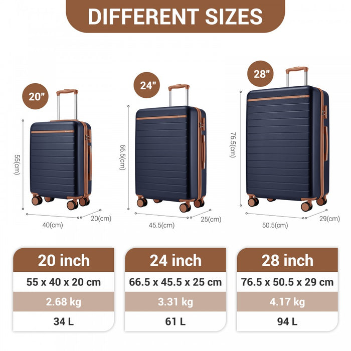 KSK2584 - Kono Scratch-Resistant 3-Piece Hard Shell Luggage Set with Horizontal Stripe Design, Brown Accents & Spinner Wheels - Navy and Brown