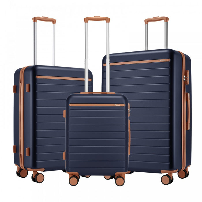 KSK2584 - Kono Scratch-Resistant 3-Piece Hard Shell Luggage Set with Horizontal Stripe Design, Brown Accents & Spinner Wheels - Navy and Brown