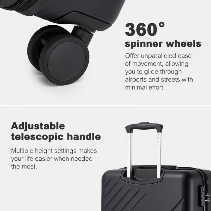 KSK2585 - Kono ABS+PC Hard Shell 3 Piece Luggage Set (20/24/28 Inch) with Diagonal Strap, Silent Wheels & Complete Travel Solution - Black