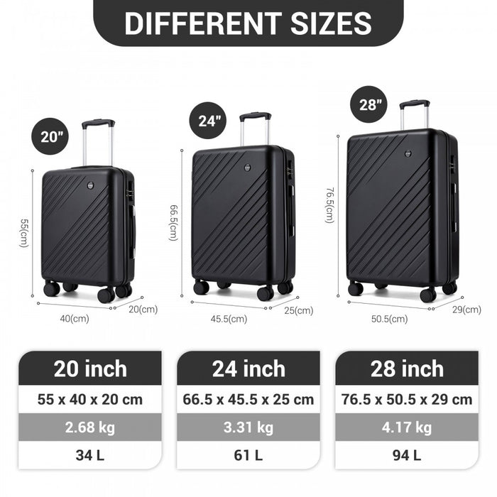 KSK2585 - Kono ABS+PC Hard Shell 3 Piece Luggage Set (20/24/28 Inch) with Diagonal Strap, Silent Wheels & Complete Travel Solution - Black