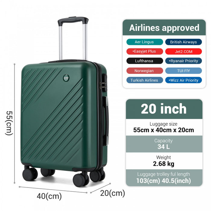 KSK2585 - Kono 20 Inch ABS+PC Hard Shell Carry On Luggage, Diagonal Stripe Lightweight Travel Suitcase with Silent Spinner Wheels & Organised Interior - Green