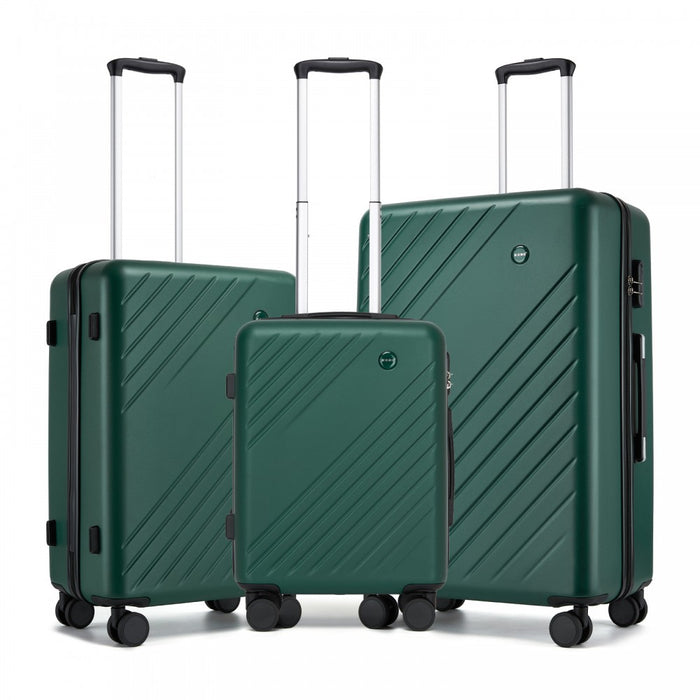 KSK2585 - Kono ABS+PC Hard Shell 3 Piece Luggage Set (20/24/28 Inch) with Diagonal Strap, Silent Wheels & Complete Travel Solution - Green
