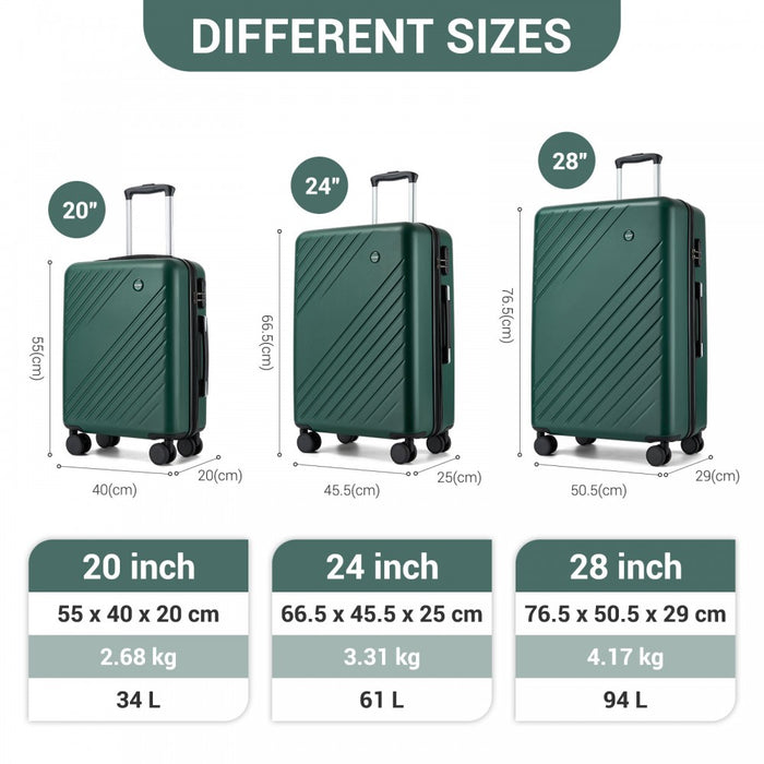 KSK2585 - Kono ABS+PC Hard Shell 3 Piece Luggage Set (20/24/28 Inch) with Diagonal Strap, Silent Wheels & Complete Travel Solution - Green