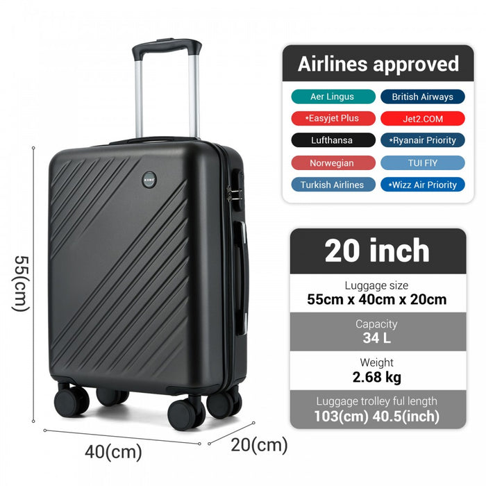 KSK2585 - Kono 20 Inch ABS+PC Hard Shell Carry On Luggage, Diagonal Stripe Lightweight Travel Suitcase with Silent Spinner Wheels & Organised Interior - Grey