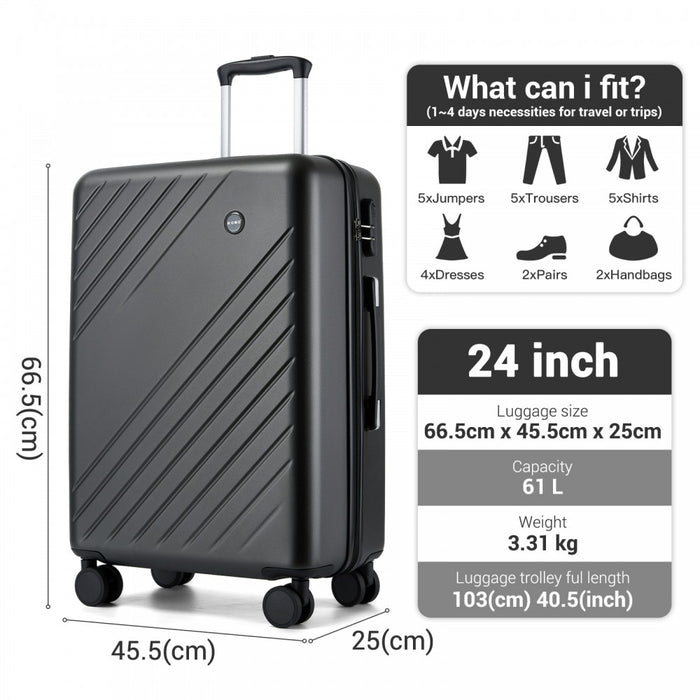 KSK2585 - Kono 24 Inch Medium ABS+PC Hard Shell Checked Luggage, Modern Diagonal Stripe Travel Suitcase with Silent Spinner Wheels, Combination Lock - Grey