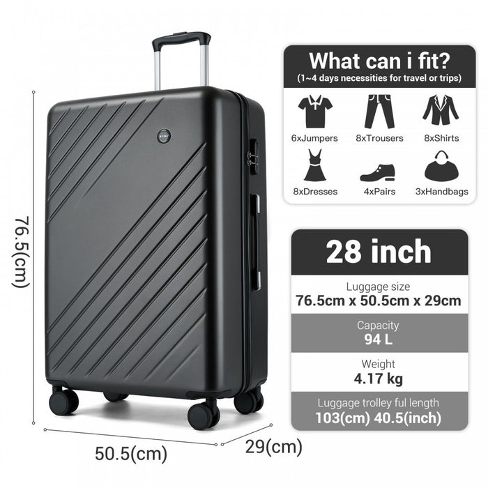 KSK2585 - Kono 28 Inch Large ABS+PC Hard Shell Checked Luggage, Spacious Diagonal Stripe Travel Suitcase with Silent Wheels & Combination Lock  - Grey