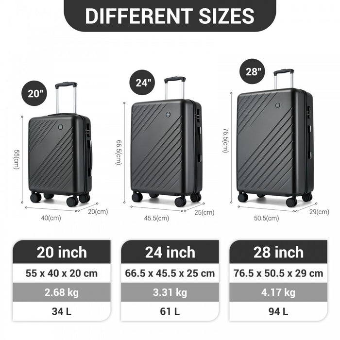 KSK2585 - Kono ABS+PC Hard Shell 3 Piece Luggage Set (20/24/28 Inch) with Diagonal Strap, Silent Wheels & Complete Travel Solution - Grey