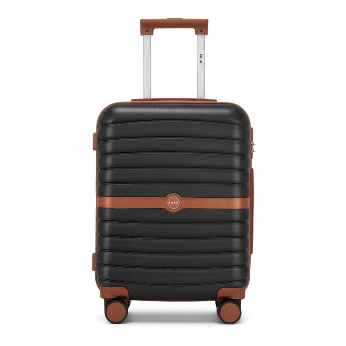 KSK2592 - Kono ABS+PC 20-Inch Striped Design with Colour-Block Details Carry-On Cabin Suitcase with Silent Spinner Wheels - Black and Brown