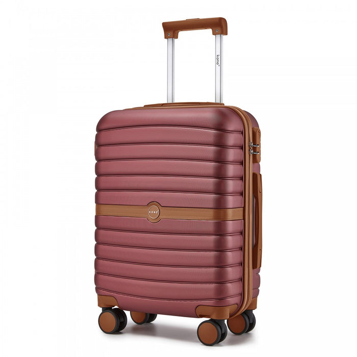 KSK2592 - Kono ABS+PC 20-Inch Striped Design with Colour-Block Details Carry-On Cabin Suitcase with Silent Spinner Wheels - Burgundy and Brown