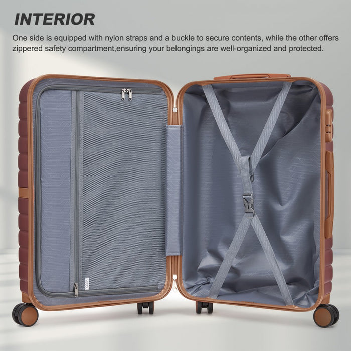 KSK2592 - Kono ABS+PC 20-Inch Striped Design with Colour-Block Details Carry-On Cabin Suitcase with Silent Spinner Wheels - Burgundy and Brown