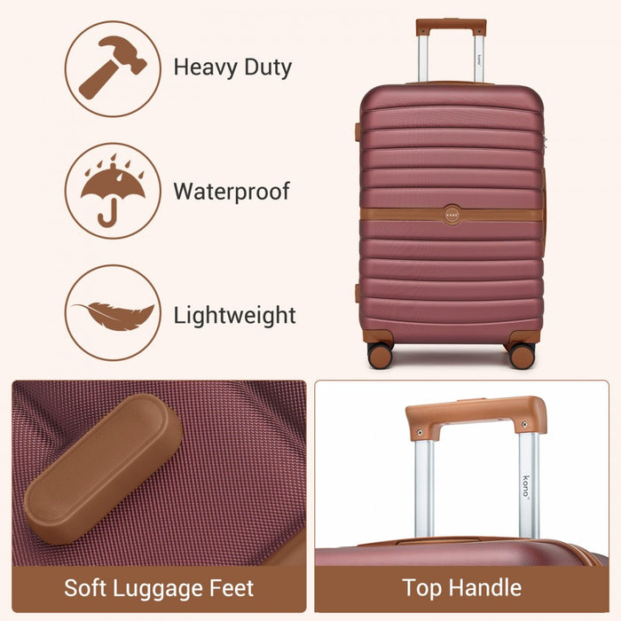 KSK2592 - Kono ABS+PC Striped Design with Colour-Block Details 3-Piece Hardshell Luggage Set with Spinner Wheels - Burgundy and Brown